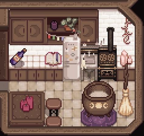 Stardew Valley Witchy Mods, Stardew Furniture Mods, Witchy Stardew Valley, Kitchen Pixel Art, Stardew Valley Mods Furniture, Stardew Valley Furniture Mod, Stardew Valley Furniture, Stardew Valley Kitchen Design, Stardew Valley Kitchen