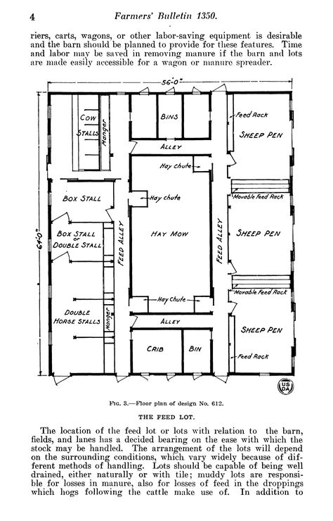 Report giving instructions for designing and building barns for cattle. Considerations include the location, size, arrangement, and ventilation of barns. Different barn designs are provided. Multi Animal Barn Layout, Livestock Barn Plans, Equine Property, Cattle Barn Designs, Goat Ideas, Sheep Pen, Livestock Barn, Barn Layout, Homestead Animals