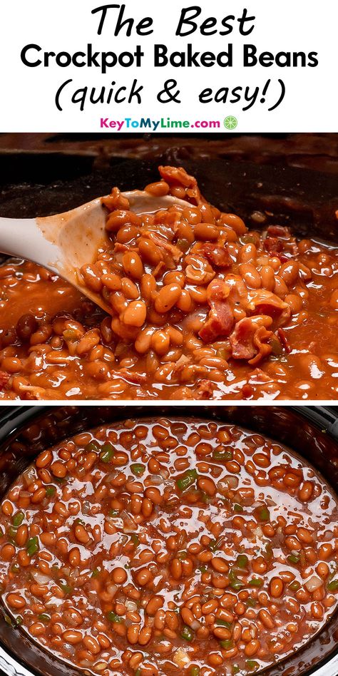 Two images of crockpot baked beans, with title text at the top. Crockpot Baked Beans With Bacon, Baked Beans Bacon, Crock Pot Baked Beans, Crockpot Baked Beans, Easy Dinner Chicken, Beans Recipe Crockpot, Baked Beans Crock Pot, Healthy Dinner Easy, Dinner Winter