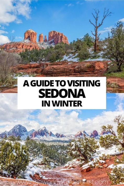 Planning a trip to Sedona in the Winter? Make sure to check out this essential guide to find out everything you need to know! Hiking Sedona, Snow Places, Sedona Travel Guide, Arizona Winter, Things To Do In Sedona, Sedona Hikes, Sedona Travel, Visit Sedona, Winter Packing List