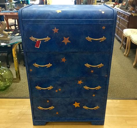 Star Shelf Diy, Whimsy Goth Furniture, Furniture With Stars, Space Themed Dresser, Astronomy Bedroom Ideas, Blue Whimsigoth Bedroom, Stars Bedroom, Space Themed Living Room, Celestial Painted Furniture