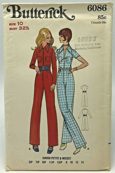 Vintage Butterick 6086 Sewing Pattern Jumpsuit Junior Petite Misses #Butterick 60s Jumpsuit, 1970s Jumpsuit, Collar Jumpsuit, 60s And 70s Fashion, Butterick Pattern, Boiler Suit, Jumpsuit Pattern, Couture Vintage, Long Sleeve Jumpsuit