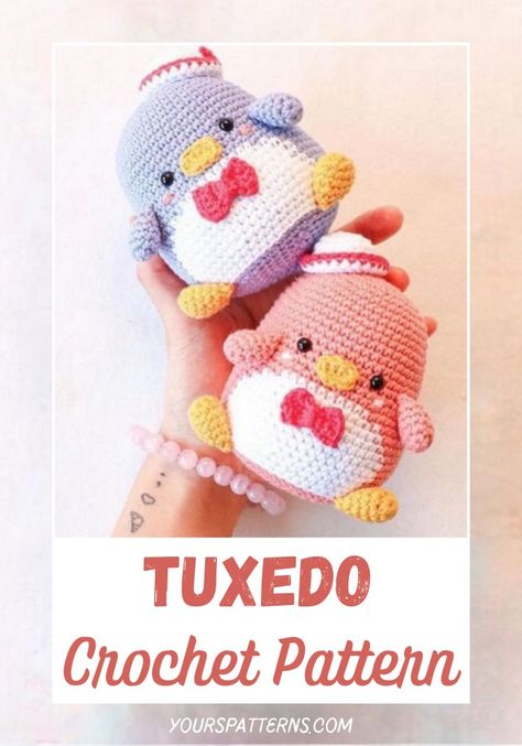 Sanrio Crochet Pattern, Sanrio Crochet Free Pattern, Crochet Tuxedo, Purple Amigurumi, Tuxedo Sam, Crochet Animals Free Patterns, Fun Crochet Projects, Diy Crochet Projects, Amigurumi Free