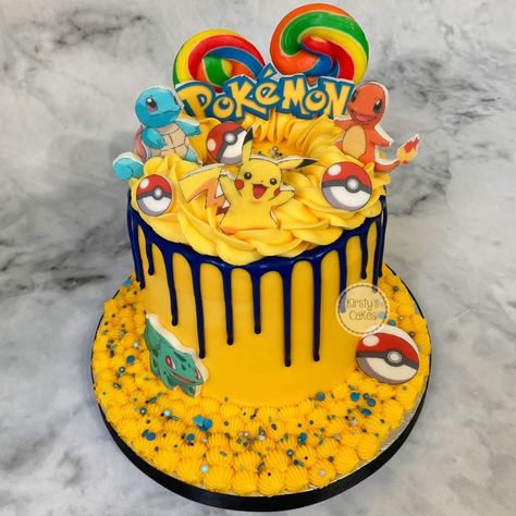 Pokemon Cake With Figurines, Pokémon Drip Cake, Pokemon Cake Buttercream, Pokemon Drip Cake, Simple Pokemon Cake, Pokemon Birthday Cake Boys, Pokemon Theme Cake, Pokemon Cake Ideas, Pokémon Cakes