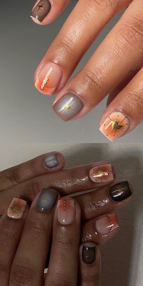 Sade Inspired Nails, Unique Natural Nails, Simple Earthy Nail Designs, Short Apres Gel X Nails, Earth Tone Nails Designs Short, Gel Polish Natural Nails Art Designs, Boho Birthday Nails, Artsy Short Nails, Earthy Nails Designs Short