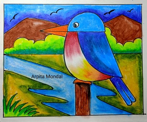 By arpita mondal Pastel Projects, Basic Drawings, Easy Scenery Drawing, Drawing Sunset, Oil Pastel Drawings Easy, Drawing Scenery, Ganesh Art Paintings, Scenery Drawing