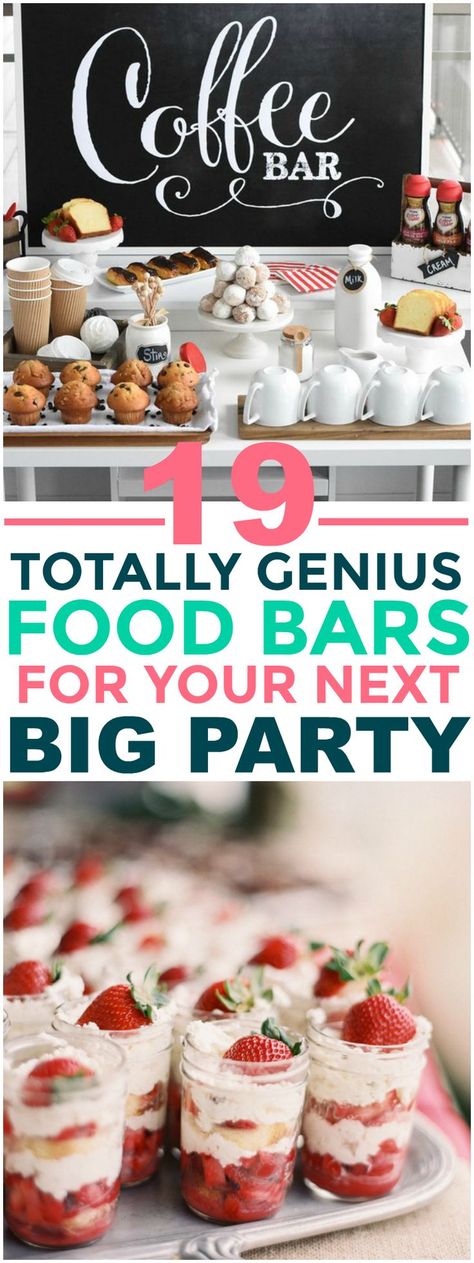 These 19 Food Bars Are PERFECT For Huge Parties! I love self serve as it is very hands off. Breakfast Buffet Ideas Food Stations, Party Food Bars, Party Food Bar, Food Bars, Buffet Ideas, Food Bar, Party Food Platters, Cooking For A Crowd, Food Stations