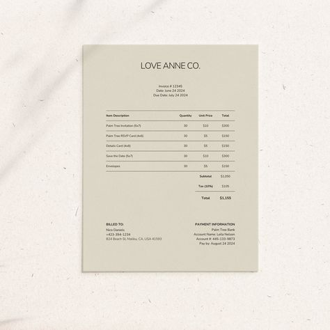 Minimal Invoice Design, Cute Invoice Design, Palm Tree Invitation, Invoice Layout, Quotation Template, Palm Tree Wedding Invitations, Minimal Stationery, Invoice Format, Invoice Design Template