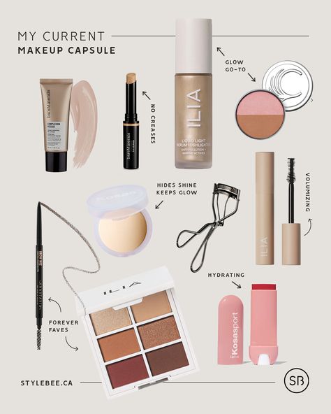 Makeup Capsule Collection, Minimal Makeup Kit, Capsule Makeup Bag, Minimal Travel Makeup, 5 Product Makeup Routine, Capsule Makeup Collection, Minimalist Makeup Products, Minimal Makeup Collection, Minimalist Makeup Collection