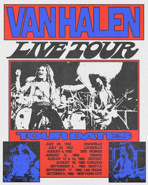 Echoes of Rock's Golden Era 🎸🔴🔵 This poster celebrates the @vanhalen 1982 live tour and reverberates with the raw energy of live music, captured in a halftone print that harks back to the gritty soul of 80's rock concerts.⁣ ⁣ Radical poster by @fairict⁣ ⁣ #indiefound #creativecommunity #inspiration #graphicdesign #rockposter #halftone #livemusic #vintageposter Vintage Rock And Roll Posters, Live In Concert Poster, 80 Poster Design, Rock Tour Posters, Old Concert Posters, Heavy Metal Poster Design, 90s Tour Poster, Rock And Roll Graphic Design, Vintage Tour Posters