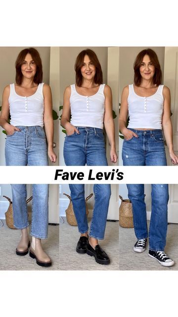 Christin (CBstyled) on Instagram: "My fave Levi’s jeans! 👖 Ribcage, wedgie and 501 Originals, all in my usual size 27 (I’m 5’ 7” tall). I love the fit of all of them. I got mine on Amazon but have linked them at several retailers, along with my sandals, boots, loafers, sneakers, ballet flats and Converse here: - in the LTK app (cbstyled) - on my website (link in bio then “Outfit links”) - on my “Oct reel links” highlight - Amazon items are linked in the appropriate category on my 🇺🇸 and 🇨🇦 Levi’s Wedgie Jeans Outfit, Wedgie Fit Levis Outfit, Levi’s Jeans Outfit, Wedgie Jeans Outfit, Levis Jeans Outfit, Wedgie Jeans, Outfit Links, Amazon Items, Levis Outfit