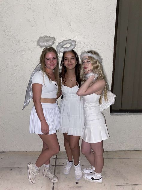 Angel Trio Costume, Preppy Angel Costume, Angel Group Costume, Trio Halloween Costumes For School, Building Costume, Cute Angel Costume, Halloween Costumes For 3 People, Costumes For 3 People, Angel Costume Halloween