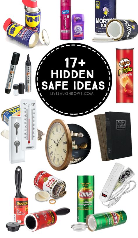 Have you ever wanted to have a couple of secret hiding places? Maybe a place for cash, valuables,etc. Here are 17+ Hidden Safe Ideas that you can put to good use and no one will know the difference. livelaughrowe.com Hidden Safe Ideas, Secret Stash Containers, Diy Hiding Places, Diy Hidden Storage Ideas, Safe Ideas, Stash Spots, Secret Hiding Spots, Stash Containers, Diversion Safe