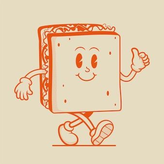 Retro Food Character, Brand Mascot Design, Retro Character Illustration, Retro Character Design, Cheese Character, Sandwich Drawing, Food Character, Mulberry Logo, Retro Mascot