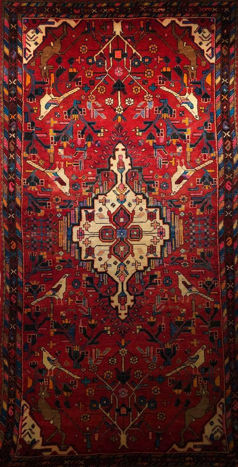 Vintage Persian Hamadan Gallery Rug with Animal Designs in Red, Ivory, Blue Persian Pattern Wallpaper, Persian Carpet Wallpaper, Persian Rug Wallpaper, Traditional Motifs Design, Red Persian Carpet, Carpet Pattern Design, Arabian Rugs, Persian Carpet Pattern, Iran Carpet