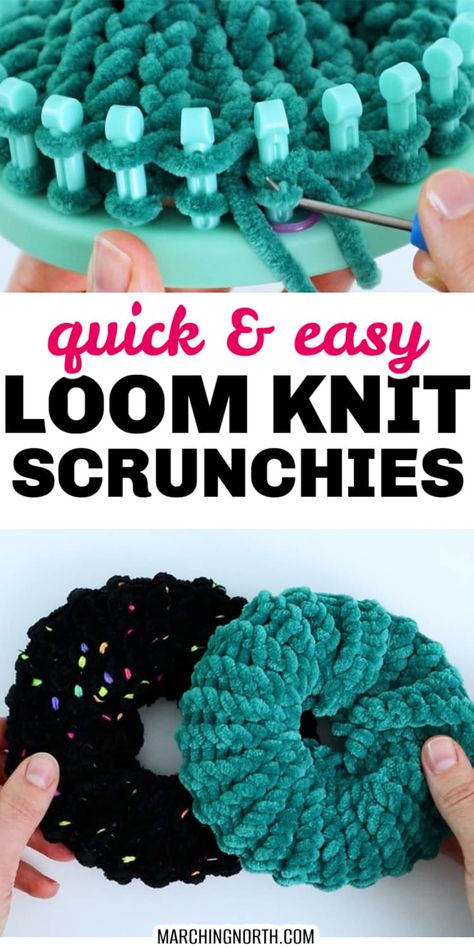 Learn how to make these quick and easy loom knit scrunchies in this step by step tutorial, free pattern and video! They make great last minute gifts and are easy on your hair if you use chenille yarn like I did in this pattern! | loom knitting for beginners | free loom knitting patterns | how to loom knit | DIY knitted scrunchies Loom Knitting Scrunchies, Loom Knit Scrunchies, Knit Loom Patterns For Beginners, Loom Scarf Easy Diy Tutorial, Loom Knit Halloween Projects, Loom Knitting Scarf Easy, Loom Blanket Beginner, Loom Knit Hat Patterns Free, Circle Loom Projects