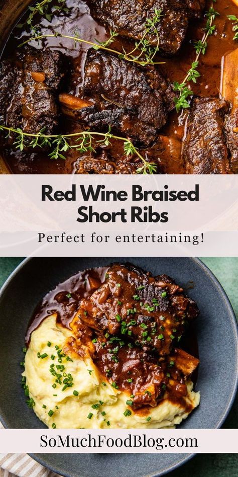 These Red Wine Braised Short Ribs are fall-off-the-bone tender and mind-blowingly delicious. Short ribs slowly simmer in a flavorful red wine and herb sauce until they melt-in-your-mouth. Short Ribs Dutch Oven, Red Wine Braised Short Ribs, Wine Braised Short Ribs, Braised Chicken Recipes, Boneless Short Ribs, Boneless Beef Short Ribs, Dinner Specials, Beef Short Rib Recipes, Short Ribs Recipe