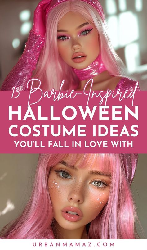 Looking for barbie inspired Halloween costume ideas you'll fall in love with? Check out this list of our 13 favorite barbie inspired Halloween costume ideas to rock your party this year. Creepy Barbie Costume, Hot Pink Costume Ideas, Barbie Halloween Costumes Women, Diy Doll Costume For Women, Halloween Costume With Pink Hair, Pink Wig Halloween Costume Ideas, Barbie Witch Costume, Characters With Pink Hair Halloween, Barbie Halloween Costume Ideas