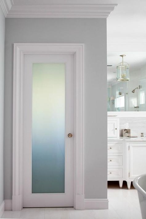 Fantastic bathroom boasts a frosted glass water closet door accented with a brass door knob. Bathroom Closet Door Ideas, Bathroom Door Ideas, Glass Bathroom Door, Small Closet Door Ideas, Frosted Glass Door, Toilet Door, Closet Door, Glass Bathroom, Accent Doors