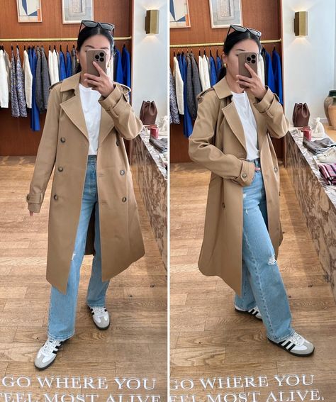 Sezane Scott trench coat petite review // classic water repellant trench coat Sweats Trench Coat Outfit, Spring Coat 2024, Scott Trench Sezane, Sezane Scott Trench, Styling Trench Coat Casual, Sezane Scott Trench Coat, Trench Coat Petite Women, Fall Trench Coat Outfits Casual, Sezane Trench Coat