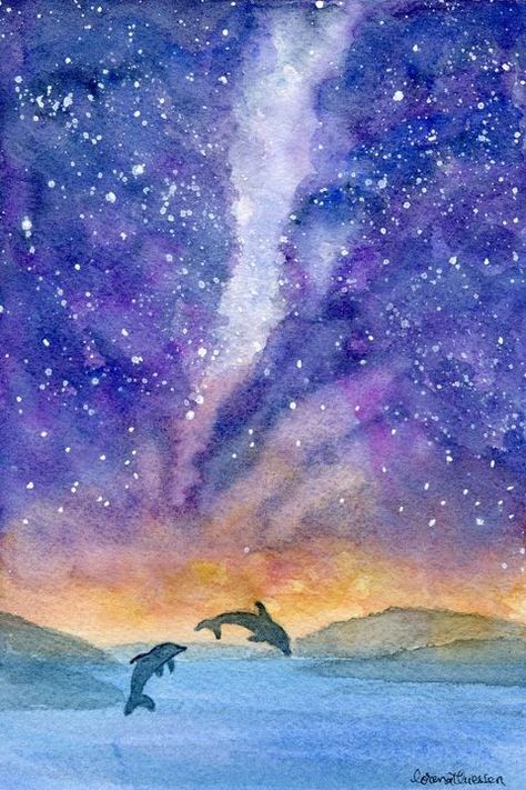 Dolphin Watercolor Painting Easy, Dolphin Watercolor Painting, Dolphin Watercolor, Dolphin Illustration, Dolphin Cake, 5x7 Painting, Watercolor Painting Easy, Animal Watercolour, Art Galaxie