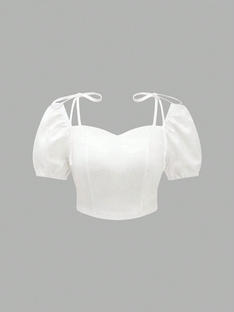 White Casual Collar Short Sleeve Fabric Plain Top Embellished Non-Stretch  Women Clothing White Croptop Aesthetic Outfit, Croptop Aesthetic Outfit, Puff Shoulder Top, Shoulder Puff Sleeve, Ropa Aesthetic, Lace Bustier, Plain Tops, Puff Sleeve Blouse, Women Blouses