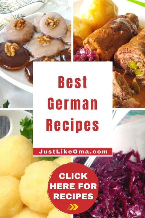 Looking for the BEST German recipes just like Oma used to make? You'll find hundreds of quick, popular and traditional German food here! From breads to soups to mains to side dishes to desserts, and, of course tortes! Go to https://www.quick-german-recipes.com/ for all these delicious recipes! German Recipes Dinner, Traditional German Recipes, Traditional German Desserts, German Food Recipes, Bienenstich Recipe, German Meat, Best German Food, Easy German Recipes, Traditional German Food