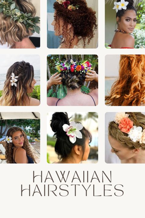 Tropical Tresses: Unleash Your Inner Island Beauty with Hawaiian Hairstyles Hawaiin Hair Styles With Flowers, Tropical Party Hairstyles, Hawaii Hairstyles Flowers, Hawaiian Party Hairstyles, Hawaiian Hair Styles For Women, Luau Party Hairstyles, Hawian Theme Hairstyles, Hawaiian Day Hairstyles, Hawaii Hair Styles