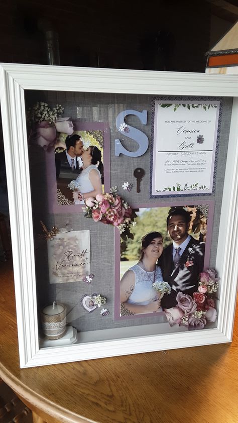 Picture Frame Wedding Decor, Wedding Shadow Box Ideas, Shadowbox Ideas, Wedding Card Craft, Photo Decorations, Wedding Shadow Box, Wedding Memory Box, Picture Frame Crafts, Shadow Frame