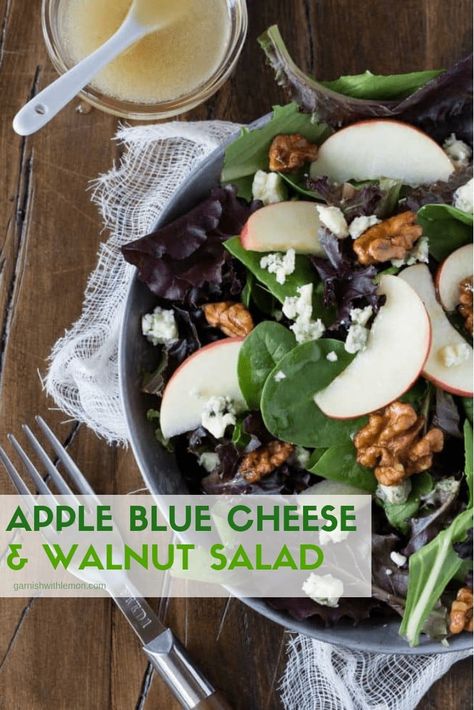 Wow your guests from the beginning when you start your meal with this Apple, Blue Cheese and Walnut Salad. The apple cider dressing is to die for! #apples #salads #appleciderdressing Recipe With Apple Cider, Candied Walnuts For Salad, Walnut Salad Recipe, Recipe With Apple, Cheese Salad Recipes, Apple Cider Vinaigrette, Entertaining Menu, Cider Vinaigrette, Blue Cheese Salad