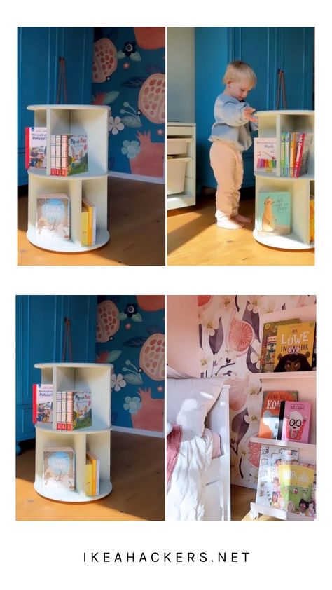 Bookshelf Ikea, Ikea Montessori, Ikea Pieces, Ikea Bookshelf Hack, Diy Bookshelf Kids, Ikea Book, Ikea Hack Kids, Rotating Bookshelf, Make Reading Fun