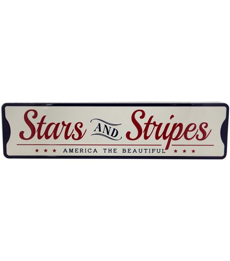 Stars and Stripes Americana Metal Wall Sign - 235"Crafted from metal this iconic wall sign proudly showcases the red white and blue theme that's synonymous with the American spirit With bold lettering that reads "Stars and Stripes America the Beautiful " this sign is a timeless piece of patriotic decor that adds a touch of pride to any space Display your love for the USA with this eye - catching metal wall art perfect for homes offices and more Product Features: Patriotic metal wall sign Iconic red white and blue theme Sign reads "Stars and Strips America the Beautiful" Easily hung by 2 keyhole hooks on the back For indoor use only Dimensions: 6"H x 235“W x 1“D Material(s): metalProduct Details1L x 235W x 6H inchesAmericana metal wall signReads stars and stripes America the beautifulRed; w Modern Americana Decor, Modern Americana, Space Display, America The Beautiful, Bold Lettering, Patriotic Decor, Blue Theme, Americana Decor, Metal Wall Sign