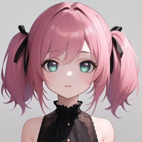 Twin Ponytails Anime, Short Pink Hair Anime Female, Pink Haired Anime Female Oc, Anime Pigtails Reference, Anime Low Pigtails, Anime Pigtails Drawing, Anime Pig Tails, How To Draw Pigtails, Pig Tails Drawing