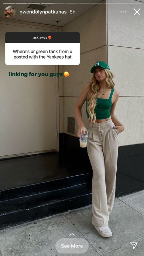 Zoo Outfit Ideas Aesthetic, Green La Hat Outfit, Green Ny Hat Outfit, Green Cap Outfits For Women, Zoo Aesthetic Outfit, Yankees Hat Outfit Summer, Green Baseball Hat Outfit, Cute New York Outfits, Cap Outfit Aesthetic