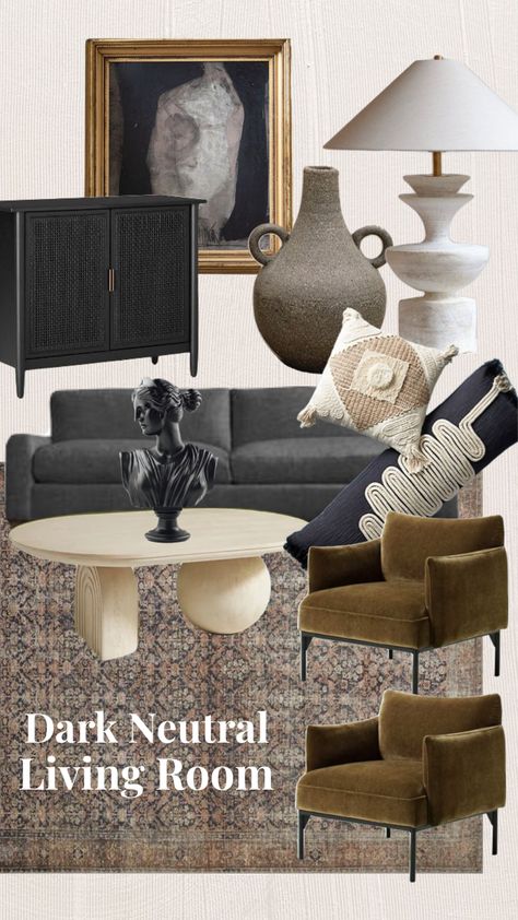 Moody Beige Living Room, Moody Living Room Mood Board, Dark Neutrals Living Room, Dark Neutral Home Decor, Neutral Living Room Mood Board, Dark Neutral Living Room, Moody Neutral Living Room, Living Room Condo, Modern Living Room Black