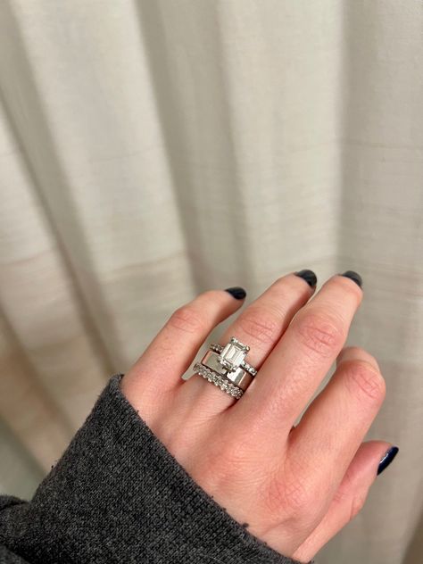 Emerald cut engagement ring with 5mm white gold band and oval cut moissanite band Thick Wedding Bands, Ring Inspiration, Wedding Band Women, Plain Wedding Band, Moissanite Band, Cute Engagement Rings, Moissanite Wedding Band, Beautiful Wedding Rings, Emerald Cut Rings