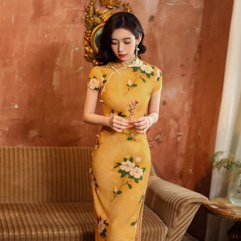 Yellow Cheongsam, Sleeveless Cheongsam, French Dress, Style 2023, Velvet Skirt, New Chinese, Chinese Dress, Design Dress, Hip Dress