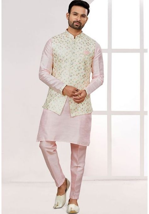 Pink Kurta Pyjama Set with Off White Jacket Mens Traditional Wear, Off White Jacket, Sherwani For Men, Mens Kurta, White Kurta, Kurta Pajama, Dupion Silk, Pink Men, Silk Jacket