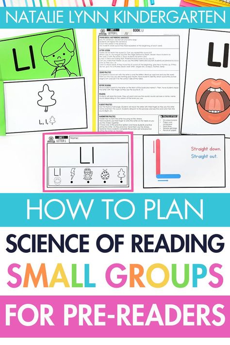 Are you ready to begin Science of Reading aligned small groups but need help planning centers for students who don’t know letters and letter sounds yet? Learn the best ways to support pre-readers in reading groups here. This post includes skills pre-readers should work on, how to incorporate phonological and phonemic awareness into Science of Reading small groups, how to use decodable readers in Science of Reading small groups, and how to plan your small group lesson plans for pre-readers. Guided Reading Activities Kindergarten, Literacy Small Group, Science Of Reading Centers, Alphabet Lesson Plans, Reading Small Groups, Kindergarten Small Groups, Guided Reading Organization, Kindergarten Center, Small Group Reading Activities