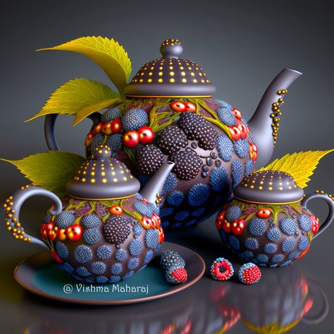 Berried Treasures Tea Set by Vishma Maharaj Vishma Maharaj, Fruit Pottery, Ceramics Bowls Designs, Tea Pots Art, Teapots Unique, Pretty Tea Cups, 3d Cake, Mad Tea Party, Decoration Originale