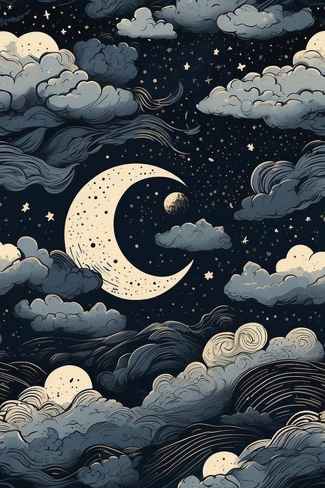 Leonardo Diffusion XL Linocut friendly minimalistic night sky 6 Night Clouds Illustration, Moon Aesthetic Illustration, Lunar Wallpaper, Night Sky Illustration, Cloud Illustration, Bathroom Artwork, Pixel Art Background, Lovely Pictures, Book Binder