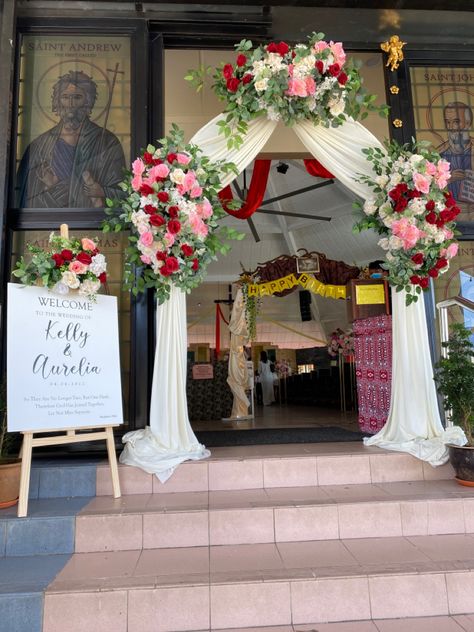 Wedding Church Decorations Catholic, Church Entrance Decor, Church Entrance, Metal Wedding Arch, Wedding Entrance Decor, Metal Wedding, Church Wedding Decorations, Wedding Entrance, Catholic Wedding