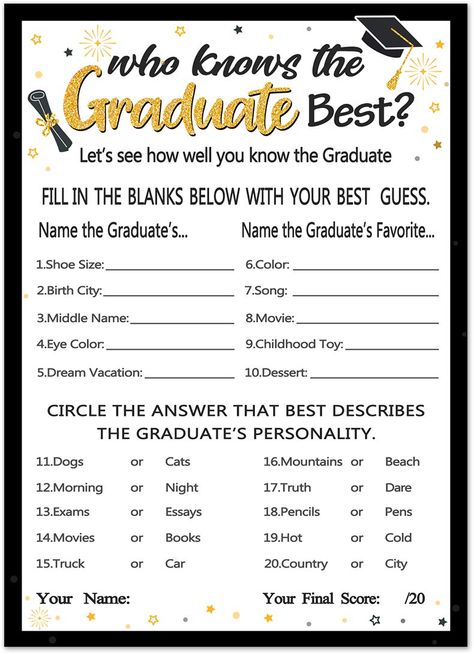 PRICES MAY VARY. 30 GAME CARDS: who knows the Grad best game for the graduates. Answer Sheet included for the graduate to fill out. EASY TO PLAY graduation party game: fill in the blank and multiple choice questions for friends to answer about the graduates. PREMIUM CARD STOCK: 5" x 7" who knows the graduates game cards are easy to write on with plenty of space for guests to write answers. FUN DESIGN: Double side print.Black and Gold grad party theme. Add to your set of graduation party games to Grad Theme Ideas, Grad Games Party Ideas, 8th Graduation Party Ideas, Black And Gold Grad Party, Grad Party Activities, Highschool Graduation Party Ideas, Who Knows The Graduate Best, Grad Themes, Grad Party Games