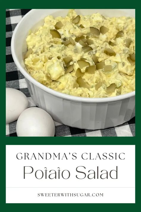 Grandma's Potato Salad is a classic potato salad made with tender potatoes, hard boiled eggs, onion, celery and dill pickles. #PotatoSalad #SideSalads #ClassicSaladRecipes #SidesForBarbecues Potato Salad With Sweet Pickles, Potato Salad With Pickles, Dill Pickle Potato Salad Recipe, Egg Salad With Dill, Dill Pickle Potato Salad, Amish Potato Salads, Delicious Potato Salad, Fluff Salads, Potato Salad With Apples