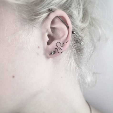 Ear Lobe Tattoo, Slytherin Tattoo, Tattoo Snake, Snake Ears, Harry Potter Tattoos, Back Of Shoulder Tattoo, Line Art Tattoos, Aesthetic Tattoo, Snake Tattoo