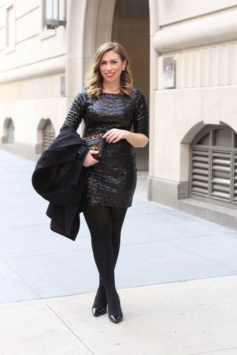 Sequin Dress Black Tights, Black Sequin Dress Outfit, Winter Outfit Casual, Office Holiday Party Outfit, Holiday Party Outfit Ideas, Sequin Dress Outfit, Holiday Party Fashion, Simply Dresses, Winter Dress Outfits