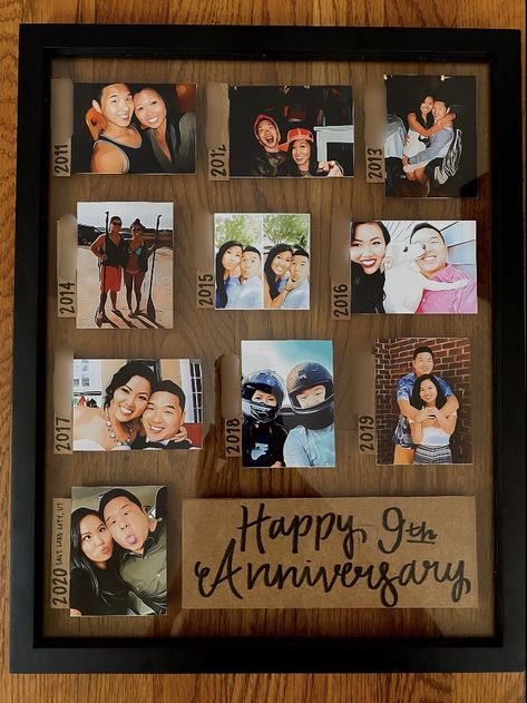 Anniversary gift ideas, collage, cartoonized photos, nine year anniversary  - picture frame from walmart  - app (cartoon face) to turn photos into cartoon-like - used collage app (pic collage) to make two photos fit into a 4 x 6 then printed them  - cardstock from hobby lobby  - 3 micron pens (brush, 1, and 2) 6 Month Anniversary Picture Frame, 2x3 Photo Ideas, Picture Anniversary Gifts, Anniversary Gift Ideas For Him Pictures, Anniversary Gifts With Pictures, Diy Anniversary Picture Gifts, Anniversary Picture Collage Ideas, Couples Framed Pictures, Anniversary Picture Board