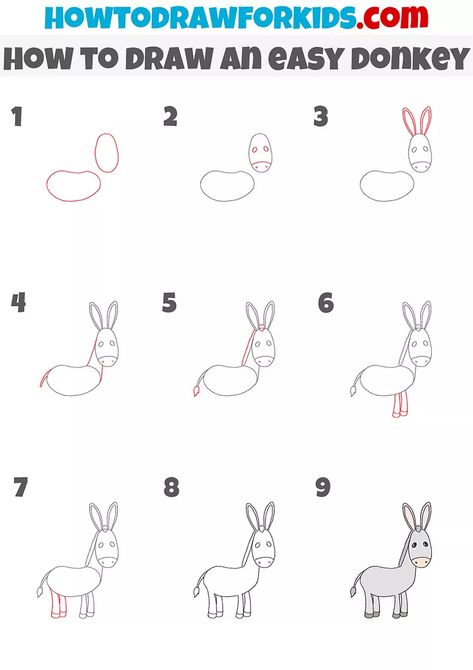 How to Draw an Easy Donkey - Easy Drawing Tutorial For Kids How To Draw Donkey, How To Draw A Donkey Step By Step, Donkey Drawing Easy, Pin The Tail On The Donkey Diy, How To Draw Donkey From Shrek, Donkey Paintings On Canvas Easy, Donkey Pics, Cute Donkey Drawing Art, Donkey Drawing