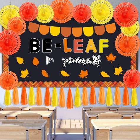 Fall Gratitude Bulletin Board, Work Thanksgiving Decorations, Beleaf In Yourself Bulletin Board, Thanksgiving Ceiling Decorations, Fall Thanksgiving Bulletin Board Ideas, Simple Fall Bulletin Board Ideas, Thanksgiving Board Ideas For Work, November Classroom Bulletin Boards, Fall School Hallway Decor