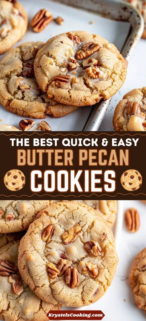 Easy Southern Butter Pecan Cookies: Indulge in the chewy goodness of these easy butter pecan cookies. Perfect for fall, these cookies combine the rich flavors of brown sugar and pecans in every bite. Try this southern classic today! Quick And Easy Fall Cookies, Nutty Pecan Delight Cookies, Christmas Cookie Butter Cookies, Pecan Pralines Cookies, Cookie Jar Cookies Recipes, Quick And Easy Peanut Butter Cookies, Best Pecan Cookie Recipes, Cookie Recipes Pecan, Carmel Turtles Pecan Cookies